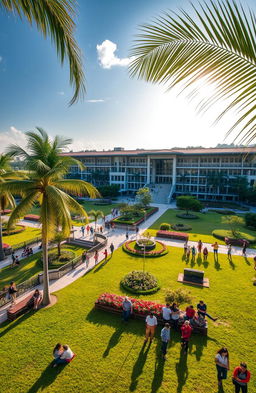 An overview of a picturesque college university in the Philippines, showcasing a vibrant campus filled with lush greenery, modern architecture, and diverse students engaging in various activities