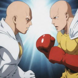 An anime-style scene with a bald superhero in a yellow shirt, red gloves, and white cloak, coming face-to-face with Saitama. Both are showcasing their one punch power, creating a tension-filled encounter.