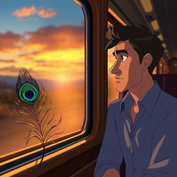 An animated scene featuring a man looking out of a train window in the evening, with a contemplative expression