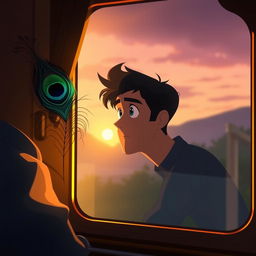 An animated scene featuring a man looking out of a train window in the evening, with a contemplative expression