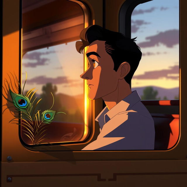 An animated scene featuring a man looking out of a train window in the evening, with a contemplative expression