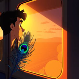 An animated scene featuring a man looking out of a train window in the evening, with a contemplative expression