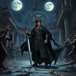 An epic fantasy scene depicting a dramatic battle against demons under a full moon