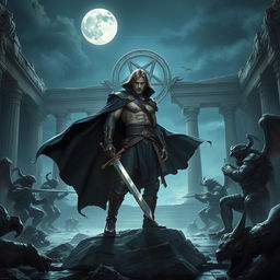 An epic fantasy scene depicting a dramatic battle against demons under a full moon
