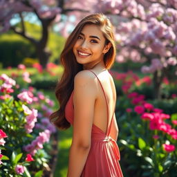 A stunning young woman wearing a stylish open-back dress that emphasizes her graceful figure, standing in a captivating park filled with blooming flowers and lush greenery