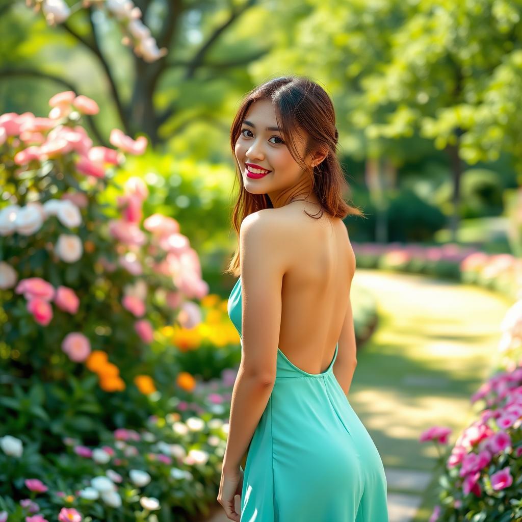 A stunning young woman wearing a stylish open-back dress that emphasizes her graceful figure, standing in a captivating park filled with blooming flowers and lush greenery