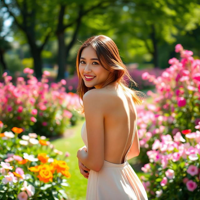 A stunning young woman wearing a stylish open-back dress that emphasizes her graceful figure, standing in a captivating park filled with blooming flowers and lush greenery