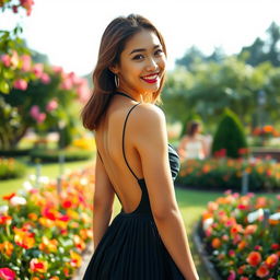 A stunning young woman wearing a stylish open-back dress that emphasizes her graceful figure, standing in a captivating park filled with blooming flowers and lush greenery