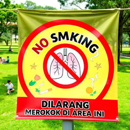 A colorful and eye-catching banner displaying a 'No Smoking' symbol prominently at the center, with bold text that reads 'DILARANG MEROKOK DI AREA INI' in both English and Malay, surrounded by illustrations of healthy lungs and a crossed-out cigarette