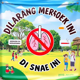 A colorful and eye-catching banner displaying a 'No Smoking' symbol prominently at the center, with bold text that reads 'DILARANG MEROKOK DI AREA INI' in both English and Malay, surrounded by illustrations of healthy lungs and a crossed-out cigarette