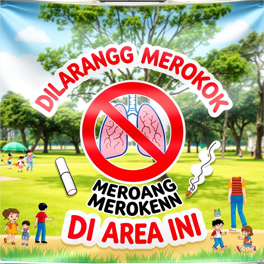 A colorful and eye-catching banner displaying a 'No Smoking' symbol prominently at the center, with bold text that reads 'DILARANG MEROKOK DI AREA INI' in both English and Malay, surrounded by illustrations of healthy lungs and a crossed-out cigarette