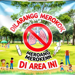 A colorful and eye-catching banner displaying a 'No Smoking' symbol prominently at the center, with bold text that reads 'DILARANG MEROKOK DI AREA INI' in both English and Malay, surrounded by illustrations of healthy lungs and a crossed-out cigarette