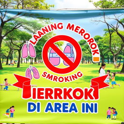A colorful and eye-catching banner displaying a 'No Smoking' symbol prominently at the center, with bold text that reads 'DILARANG MEROKOK DI AREA INI' in both English and Malay, surrounded by illustrations of healthy lungs and a crossed-out cigarette