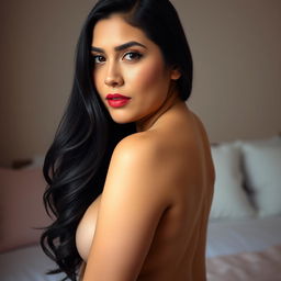 A confident 38-year-old woman with long black hair and fair skin, posing in a sensual manner