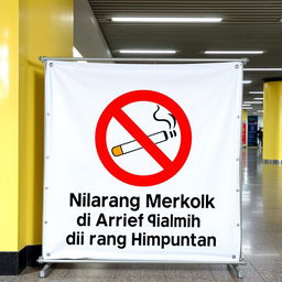 A prominent no smoking banner in a designated area, designed with clear and bold typography