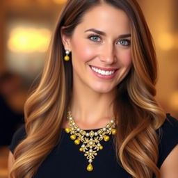 A portrait of a woman wearing an elegant yellow necklace