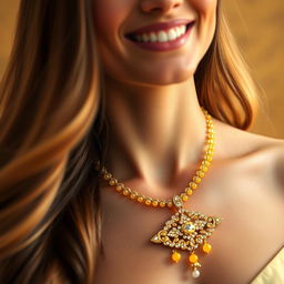 A portrait of a woman wearing an elegant yellow necklace
