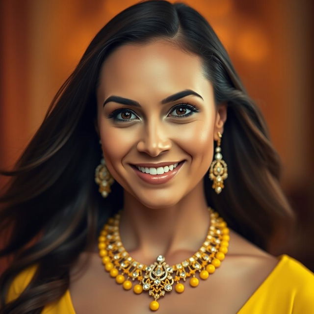 A portrait of a woman wearing an elegant yellow necklace