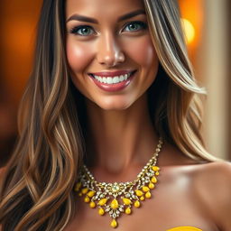 A portrait of a woman wearing an elegant yellow necklace