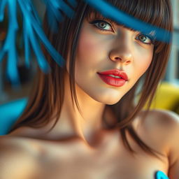 An extreme close-up of a gorgeous female torso, highlighting her smooth skin and stunning features, with fashionable bangs framing her beautiful face