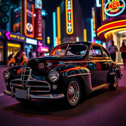 A sleek, metallic black 2005 neon car featuring classic details