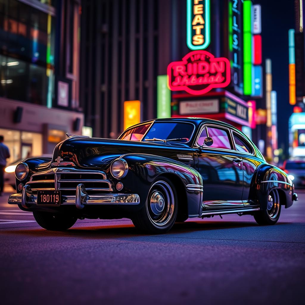 A sleek, metallic black 2005 neon car featuring classic details