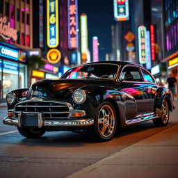 A sleek, metallic black 2005 neon car featuring classic details