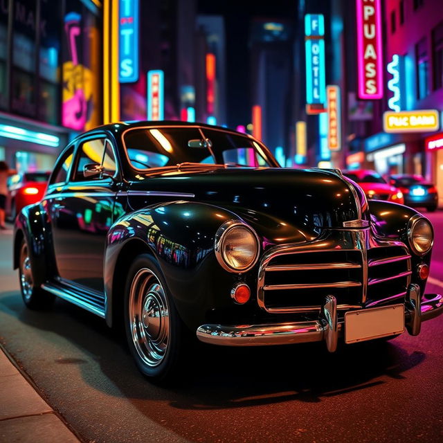 A sleek, metallic black 2005 neon car featuring classic details