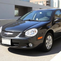A black metallic 2005 Chrysler Neon parked in an urban environment, showcasing its sleek body with classic detailing such as chrome accents, round headlights, and a stylish grille