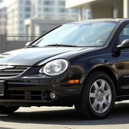 A black metallic 2005 Chrysler Neon parked in an urban environment, showcasing its sleek body with classic detailing such as chrome accents, round headlights, and a stylish grille