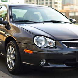A black metallic 2005 Chrysler Neon parked in an urban environment, showcasing its sleek body with classic detailing such as chrome accents, round headlights, and a stylish grille