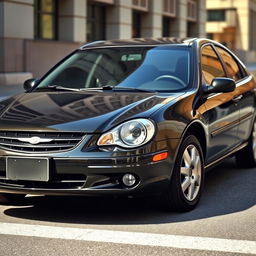 A black metallic 2005 Chrysler Neon parked in an urban environment, showcasing its sleek body with classic detailing such as chrome accents, round headlights, and a stylish grille