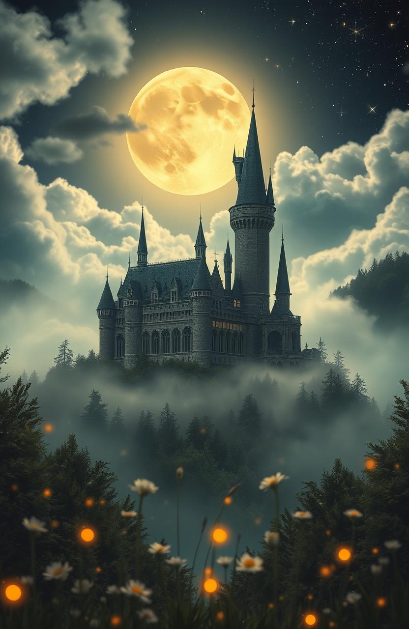 A stunning vintage landscape showcasing a mystical castle nestled among ethereal clouds and surrounded by lush, enchanted forests