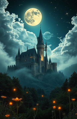 A stunning vintage landscape showcasing a mystical castle nestled among ethereal clouds and surrounded by lush, enchanted forests