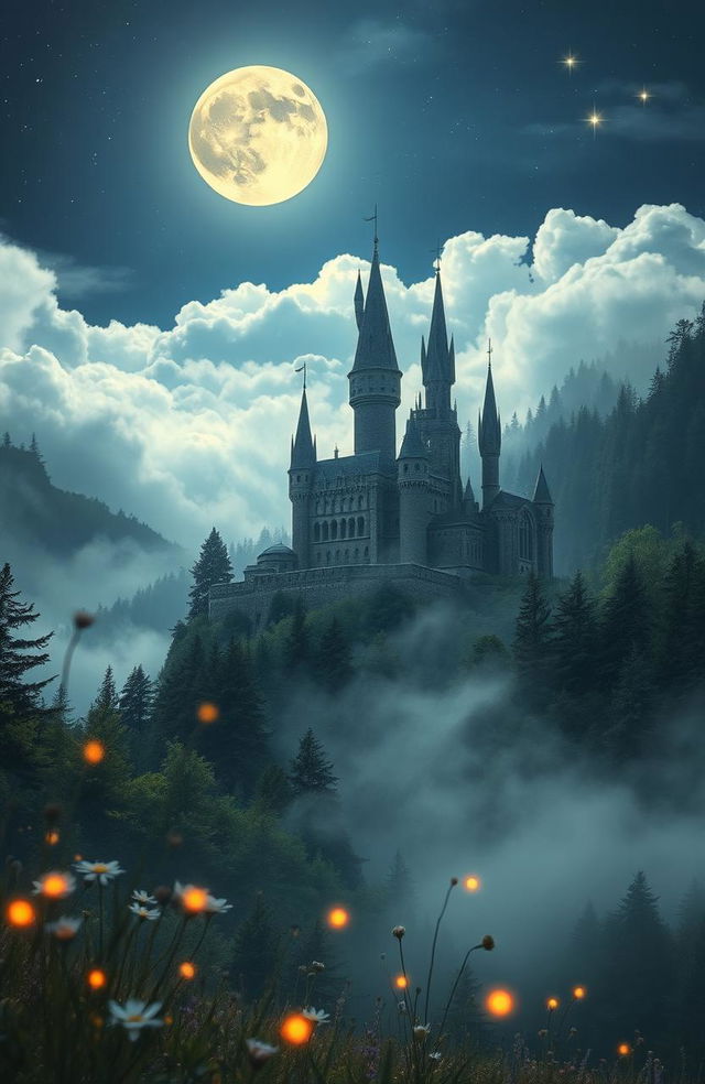 A stunning vintage landscape showcasing a mystical castle nestled among ethereal clouds and surrounded by lush, enchanted forests