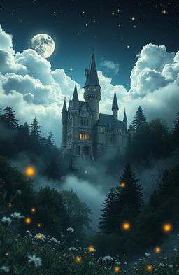 A stunning vintage landscape showcasing a mystical castle nestled among ethereal clouds and surrounded by lush, enchanted forests