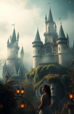 A vintage scene filled with mystery and magic, featuring stunning castles shrouded in mist and surrounded by enchanting landscapes