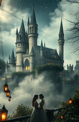 A vintage scene filled with mystery and magic, featuring stunning castles shrouded in mist and surrounded by enchanting landscapes