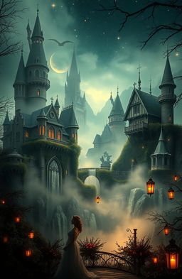 A vintage scene filled with mystery and magic, featuring stunning castles shrouded in mist and surrounded by enchanting landscapes