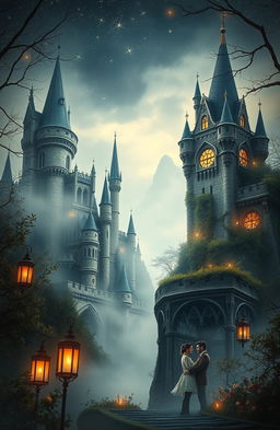 A vintage scene filled with mystery and magic, featuring stunning castles shrouded in mist and surrounded by enchanting landscapes