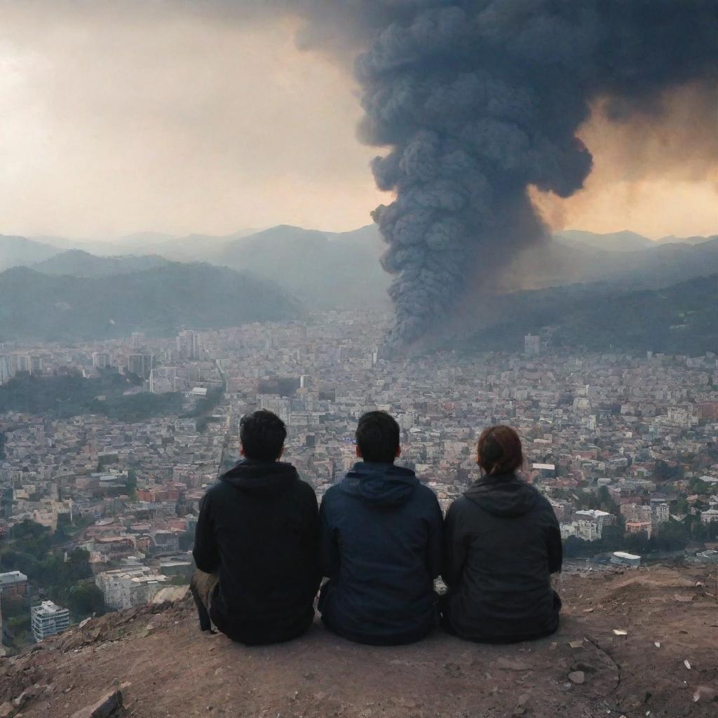 People are seen from a distant mountain, overlooking the city. Witnessing the catastrophic event unfold before their eyes, they're overcome with emotion, shedding tears.