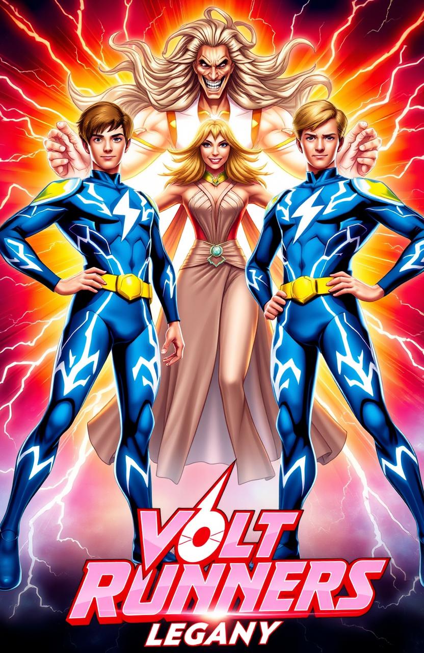 Two teenage superhero boys standing confidently side by side, each wearing striking blue suits adorned with dynamic lightning bolt patterns, showcasing their superpowers