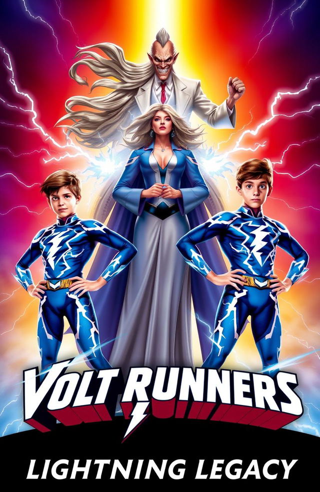 Two teenage superhero boys standing confidently side by side, each wearing striking blue suits adorned with dynamic lightning bolt patterns, showcasing their superpowers