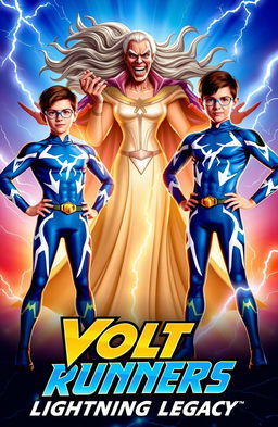 Two teenage superhero boys standing confidently side by side, each wearing striking blue suits adorned with dynamic lightning bolt patterns, showcasing their superpowers