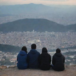 People are seen from a distant mountain, overlooking the city. Witnessing the catastrophic event unfold before their eyes, they're overcome with emotion, shedding tears.