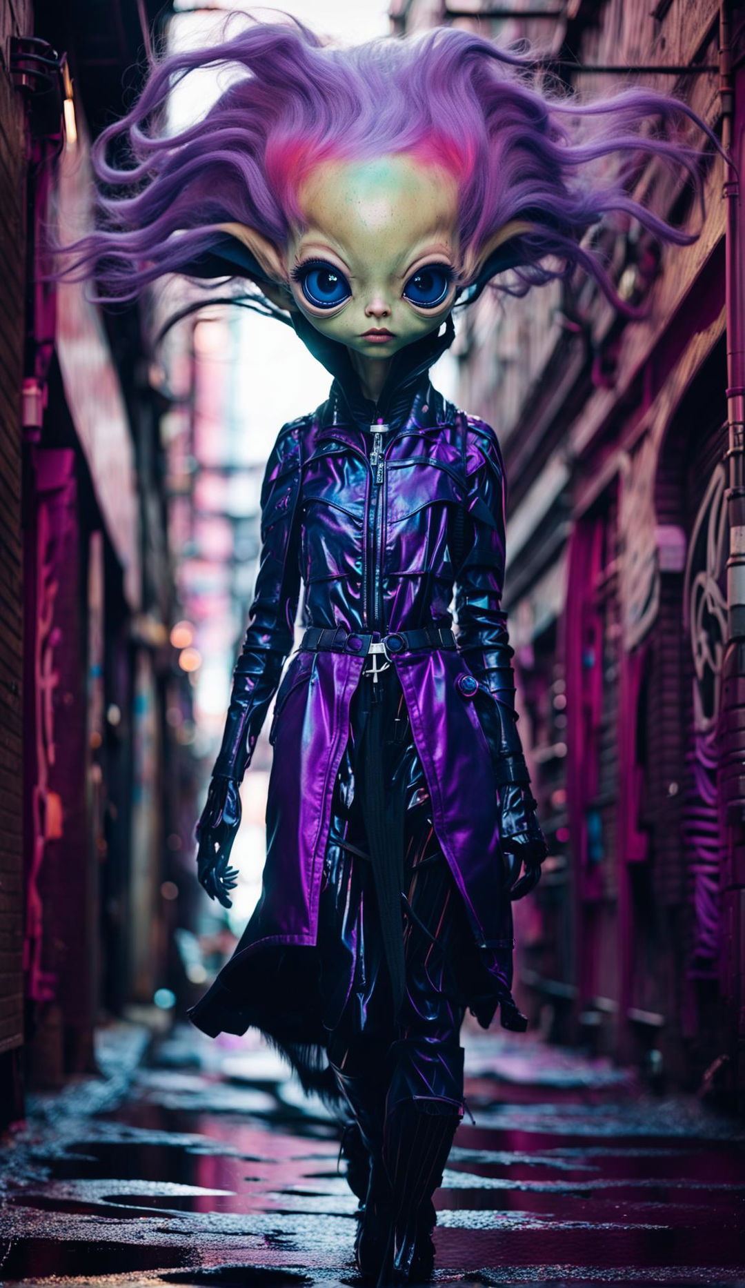 High-resolution photograph of an alien with large eyes, long dark eyelashes, alien skin, and a neon purple wig, walking through a cyber-punk alleyway. Captured with a Canon EOS 5DS and an 85mm f/1.2 lens.