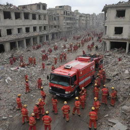 Emergency rescue vehicles and teams rush into the rubble-filled city in a well-coordinated evacuation effort. Hope slowly starts to emerge amongst the devastation.