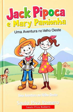 A colorful and whimsical book cover featuring two main characters: Jack Pipoca, a cheerful young boy with a playful expression, dressed in a cowboy outfit with a hat and boots, and Mary Pamonha, a spirited girl with pigtails, wearing a vibrant dress with a bandana, standing confidently beside him