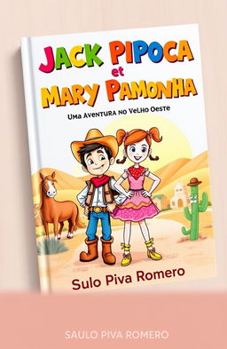 A colorful and whimsical book cover featuring two main characters: Jack Pipoca, a cheerful young boy with a playful expression, dressed in a cowboy outfit with a hat and boots, and Mary Pamonha, a spirited girl with pigtails, wearing a vibrant dress with a bandana, standing confidently beside him