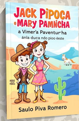 A colorful and whimsical book cover featuring two main characters: Jack Pipoca, a cheerful young boy with a playful expression, dressed in a cowboy outfit with a hat and boots, and Mary Pamonha, a spirited girl with pigtails, wearing a vibrant dress with a bandana, standing confidently beside him